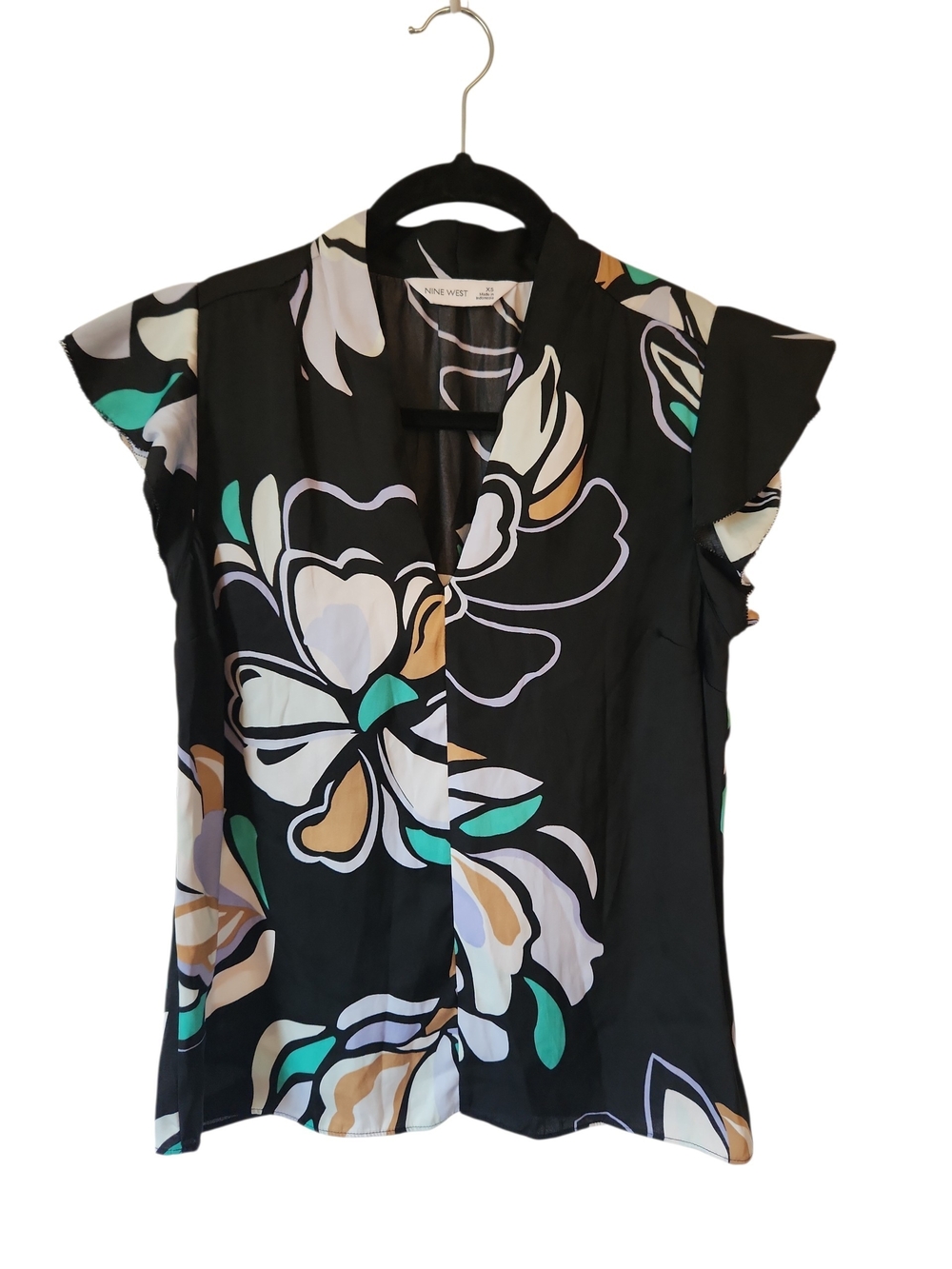 Nine West Black/Tan/Green Floral GenZ V-Neck Cap Sleeve Blouse Size XS